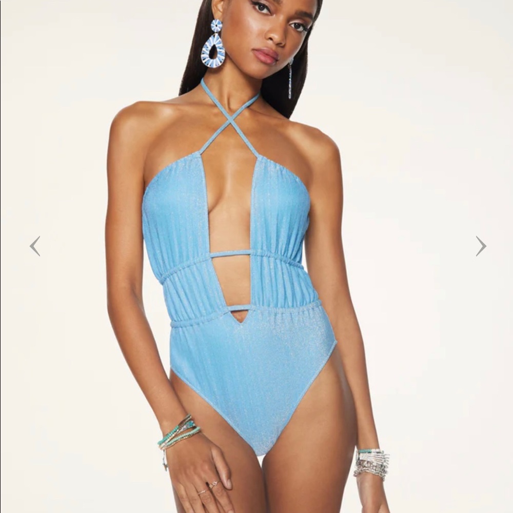 NWT Ramy Brook Marta Blue Metallic One-Piece Halter strapless swimsuit $228 L